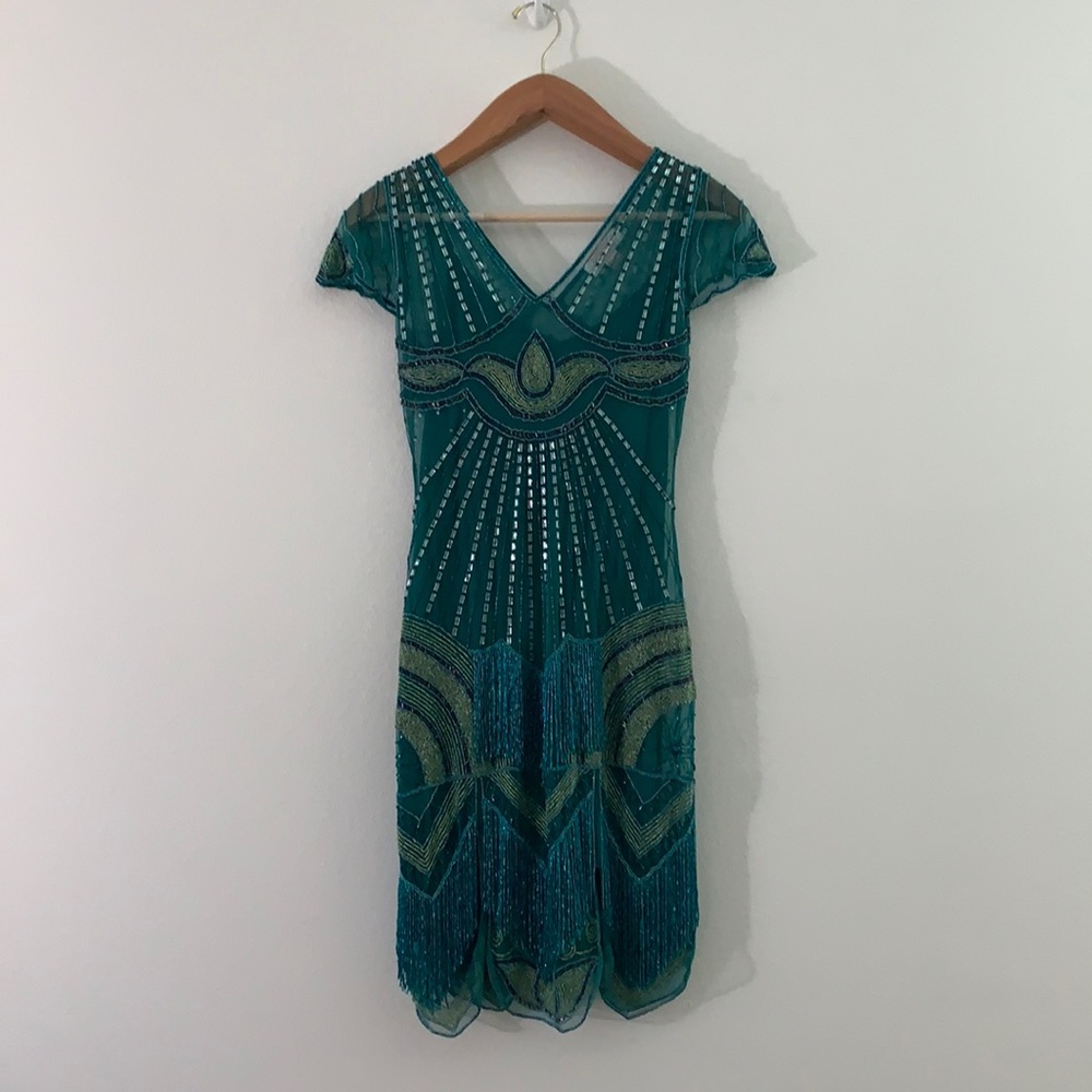 Beaded Teal 1920s Gatsby Dress